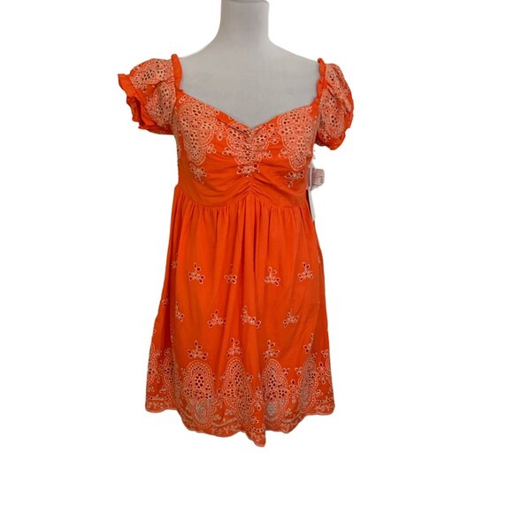 Coco Jaimeson Babydoll Eyelet Mini Dress Size XL Orange Coastal Off Shoulders - Picture 16 of 16